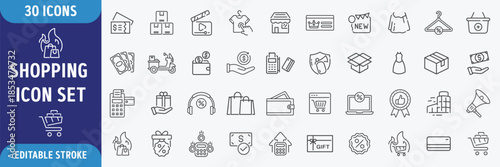 Shopping line editable icon set. Containing cart, shop, offer, delivery, e-commerce, buy, product, customer, online shopping. Full Editable outline. Vector illustration