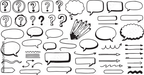 Black and White Speech Bubbles and Question Marks on White Background, Comic Style