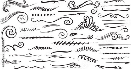 Black Hand Drawn Swirls and Flourishes on White Background