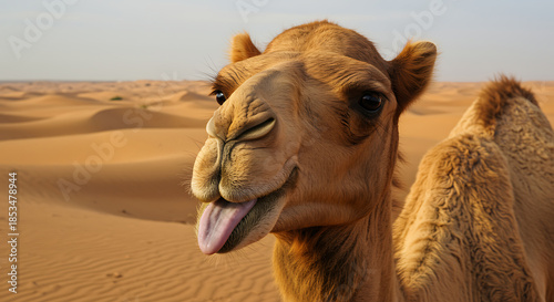 A close up portrait of a dromedary camel in a desert landscape