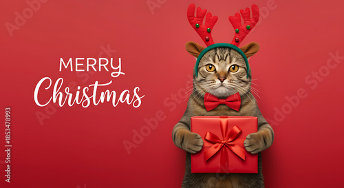 A festive cat wearing reindeer antlers and holding a christmas gift