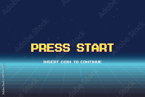 PRESS START. insert coin to continue. pixel art 8 bit. Retro Futurism Sci-Fi Background. 