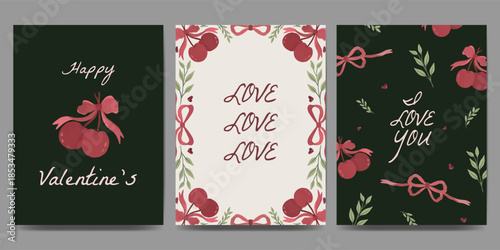 set of valentine greetings card with cherry, coquette, ribbon, branches, bows frame and heart illustration