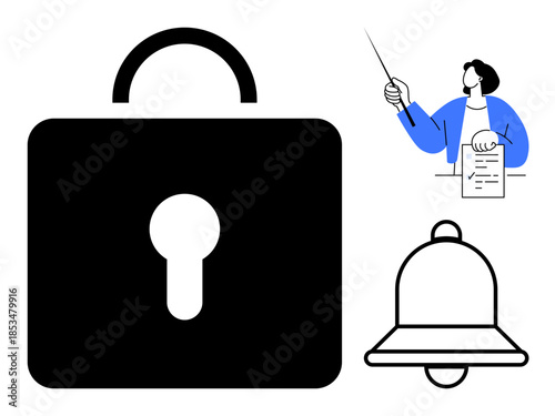 Black lock, bell for alerts, person pointing to document. Ideal for privacy, alerts, instruction, cybersecurity, teaching reminders communication. Simple flat metaphor
