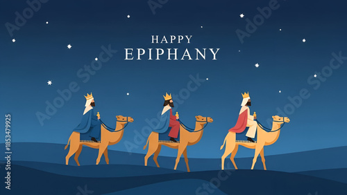 Epiphany illustration of three kings traveling on camels under night sky with stars showing faith belief spirituality christian tradition journey hope guidance and timeless religious symbolism 