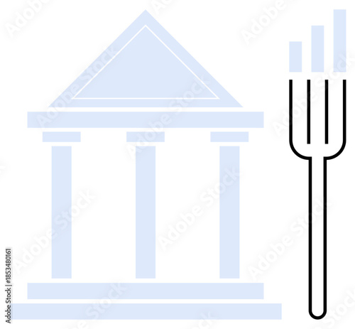 Finance concept. Classical building portrays traditional banking and finance, paired with a fork economic or culinary . Finance combines industry growth and hospitality. For investments, food