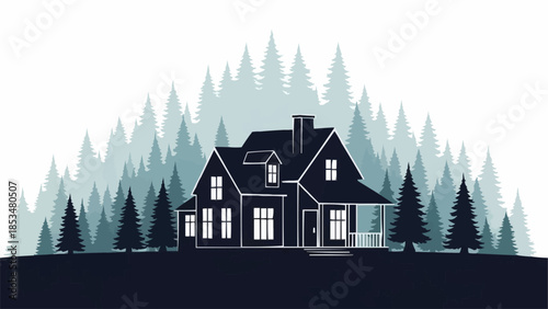 A beautiful modern house nestled amongst tall evergreen trees.