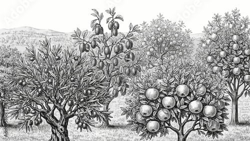Apple Trees with Fruit in an Orchard.