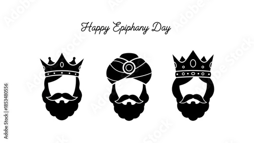 Epiphany minimalist vector illustration with three kings faces crowns and beards showing faith belief spirituality tradition culture religious symbolism and clean modern design for commercial branding