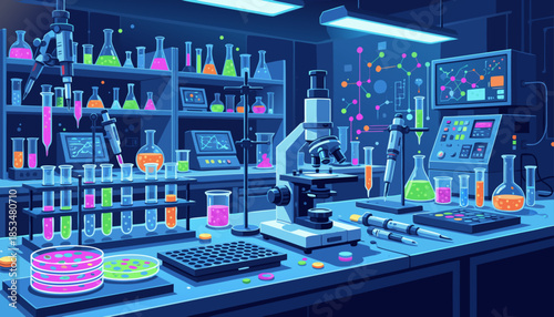 Futuristic Science Laboratory with Colorful Chemical Experiments