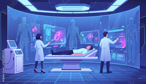 Futuristic Medical Diagnostics Lab with Holographic Interfaces (Vector Illustration)