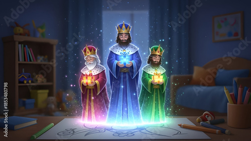 Epiphany magical night scene with wise kings holding gifts inside a warm home space showing faith belief spirituality tradition culture childhood wonder and timeless religious celebration commercial