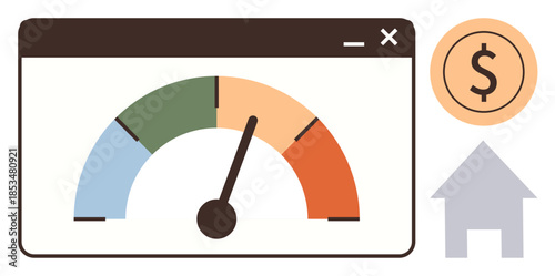Speedometer gauge in browser window indicating performance levels, dollar sign circle, upward arrow. Ideal for finance, business growth, performance metrics, analytics, investment, economic