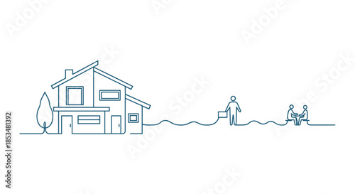 Minimalist continuous line drawing depicting a modern house and people transitioning from home to work and social gathering settings.