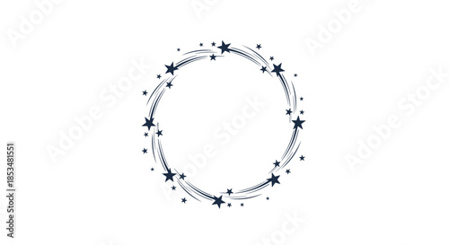 Circular border composed of numerous navy blue stars and swoosh lines creating a dynamic celestial frame on a white background.