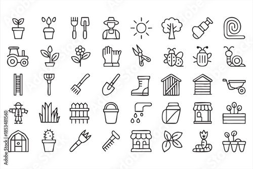 Agriculture Tool and Plant Line Icons for Garden Design