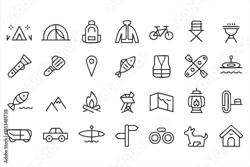 Travel and Camping Equipment Icons for Exploration Platforms