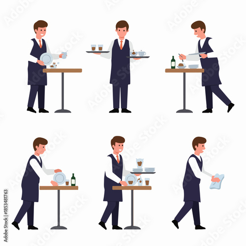 Waiter in uniform performing various restaurant service duties set: serving, clearing tables, carrying trays, and professional hospitality tasks in flat vector style.