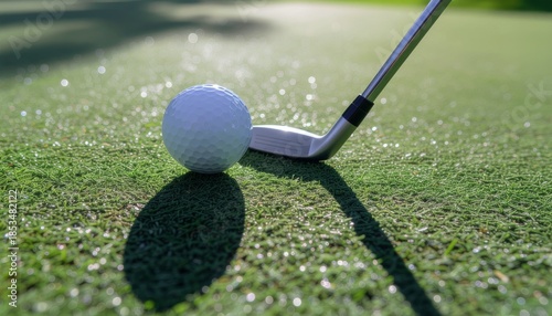 Golf Ball and Club on Green Grass with Sunlight Reflection.