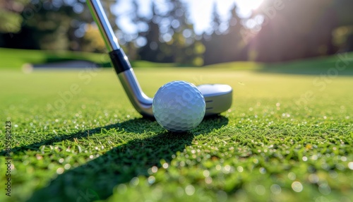 Golf ball and putter on green grass with sun flare.