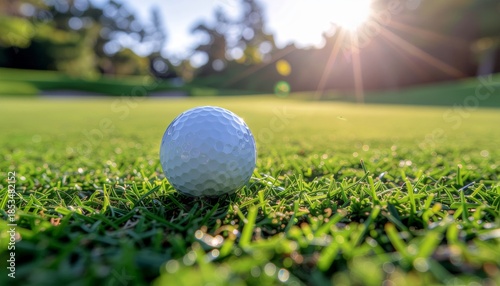 Golf ball on green grass with sun flare.