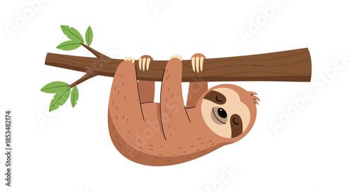 Cute brown sloth hanging upside down from a tree branch with green leaves, exhibiting a calm and relaxed expression for kids illustration.
