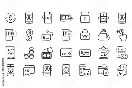 Fintech Money and Transaction Line Icons for Payment Apps