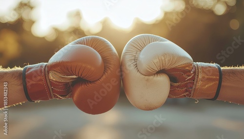 Two boxing gloves touching in the center with a sunset background.