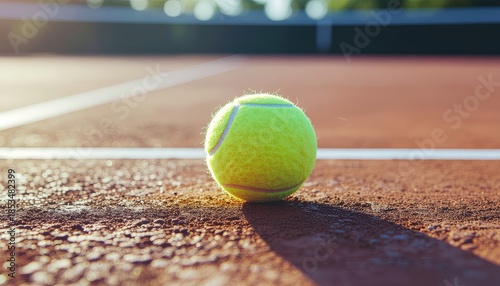 Tennis ball on court close up with sun light.