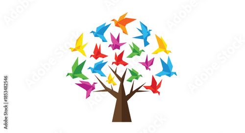 Creative tree illustration where the leaves are replaced by numerous colorful origami paper birds flying in various directions.