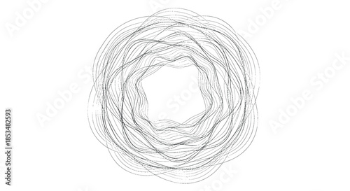 Abstract circular form composed of countless fine, tangled, and scribbled lines creating a complex and energetic mess on a white background.