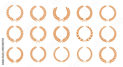 Collection of fifteen different laurel wreaths in various artistic styles and a bronze tone, representing achievement, victory, and honor.