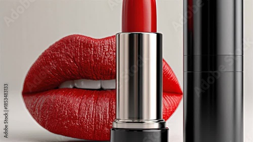 Red Lipstick and Open Lips with Black Lipstick Tube makeup beauty