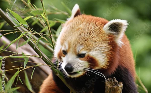 Red Panda Eating Bamboo Shoots in Green Foliage animal wildlife