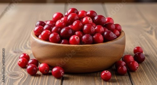 Vibrant cranberries nestled in a rustic wooden bowl, displayed on a textured wood surface evoking