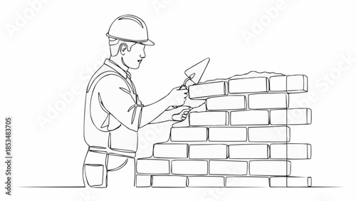 Bricklayer in hard hat building masonry wall.
