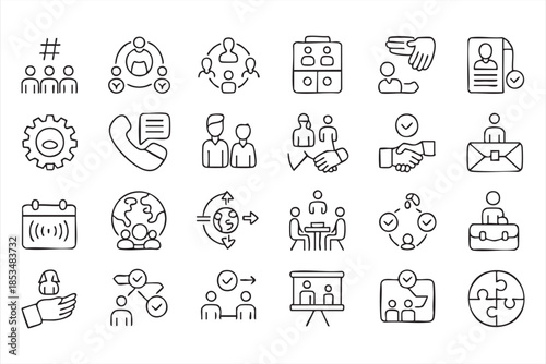 Business Team and Communication Line Icons Set