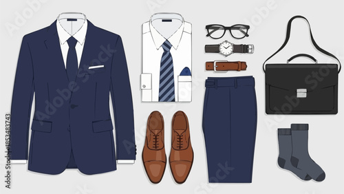 Business professional attire flat lay with suit and accessories.