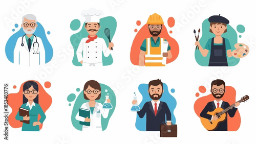 Diverse Profession Icons Illustrated as Cartoon Characters.