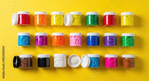 Vibrant assortment of multi-colored modeling clay in transparent jars against bright background