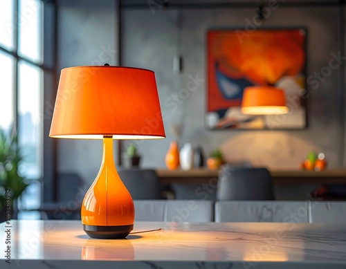 Close-up of modern orange lamp on a light-colored surface
