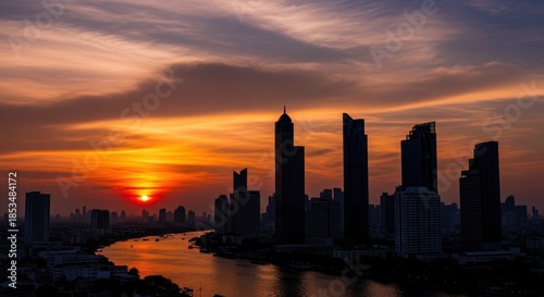 Urban panorama silhouetted against a fiery sunset casting a warm glow on the water