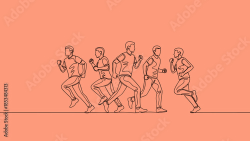 Dynamic Continuous Line Art of Five Male Runners in Motion, Minimalist Illustration on Orange Background Symbolizing Progress, Teamwork, and Fitness