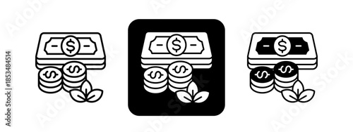 Cash  Solid color and black line drawing vector illustration set