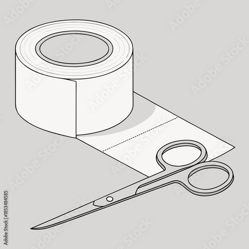 Tape roll and stainless steel scissors on gray background