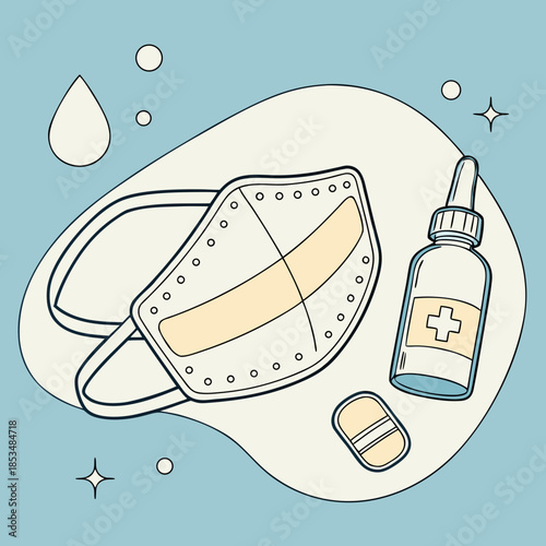Eye shield and saline ampoule with medicine illustrations