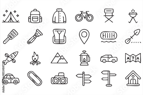 Camping and Outdoor Gear Line Icons for Travel and Adventure Apps