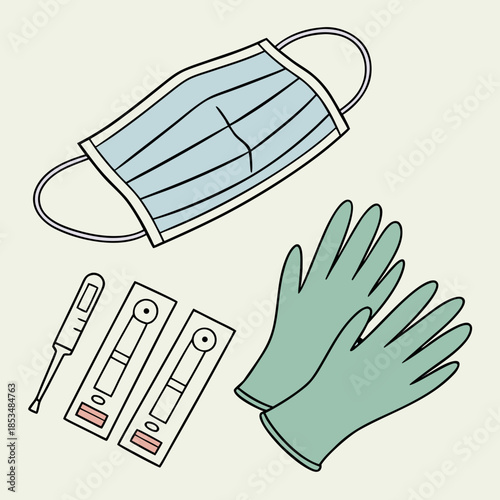 Medical items including surgical mask and gloves on white background