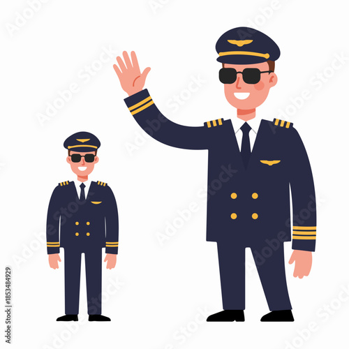 Cartoon illustration of a smiling male airplane pilot in uniform and sunglasses waving hello, presented in two sizes against a white background.