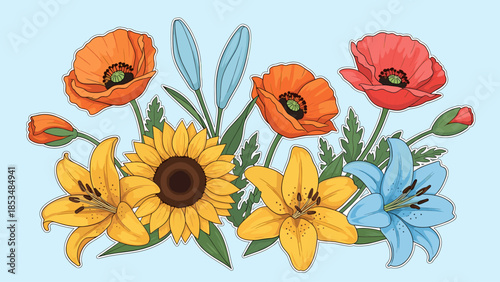 Vibrant Vector Floral Arrangement: Sunflowers, Poppies, and Lilies Illustration on Light Blue Background for Spring and Summer Designs